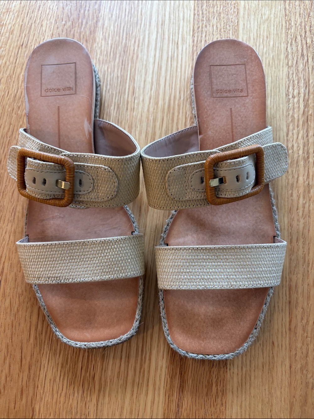 Dolce Vita tan woven buckle slide sandals